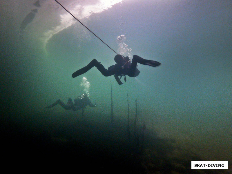 Так как погружение проходит в условиях открытой воды над головой, для подхода к дому инструкторам и опытным подледным дайверам разрешается не пристегиваться веревкой, при этом рядом идет кто-то по всем правилам