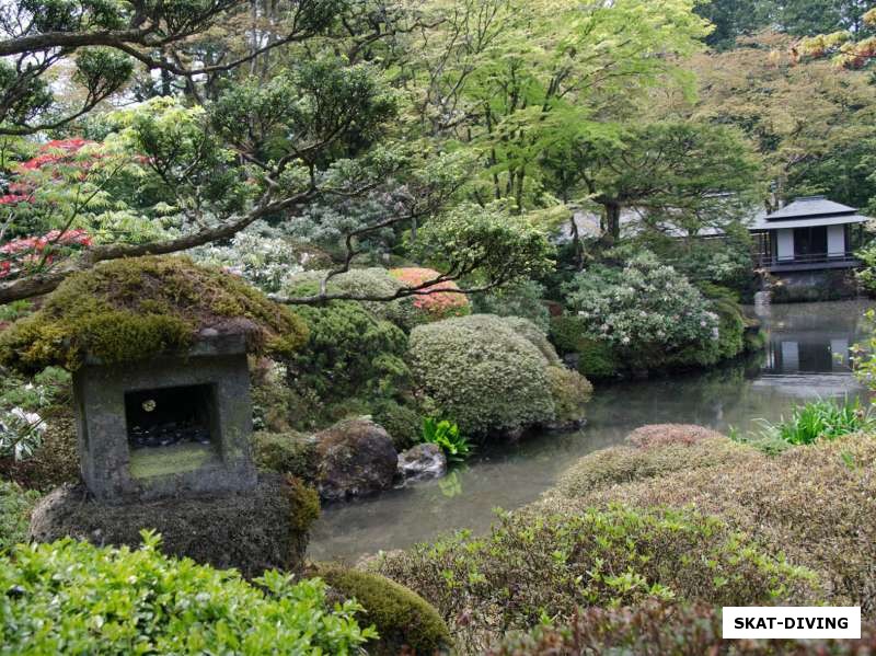 Японский сад камней, кустов и прудов