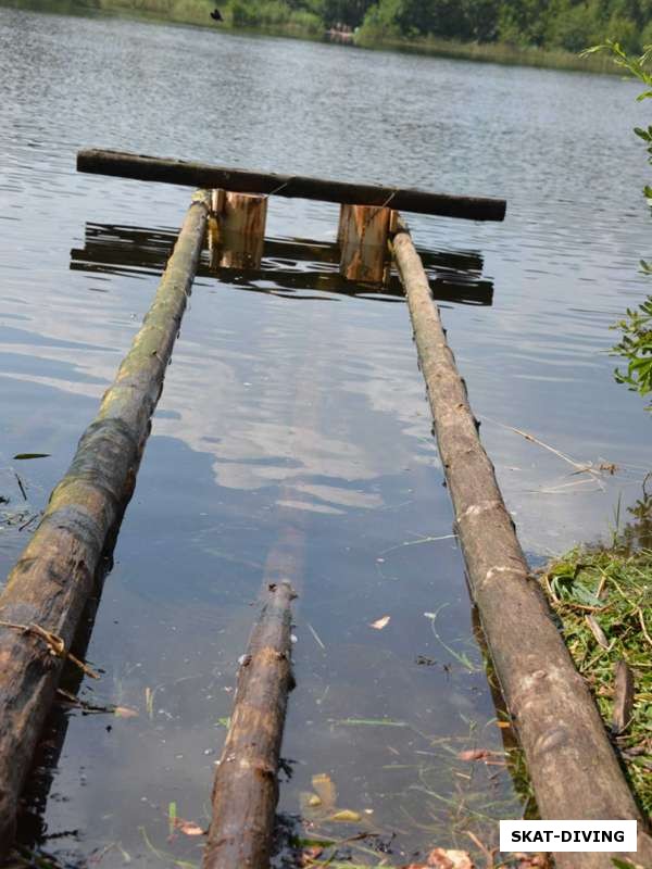 Ворота в китайском стиле были установлены в воде, теперь надо уложить на них два ствола