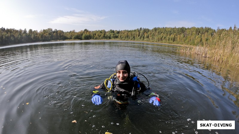 Иванова Анна, первое погружение в сухаре в открытой воде, надо отметить