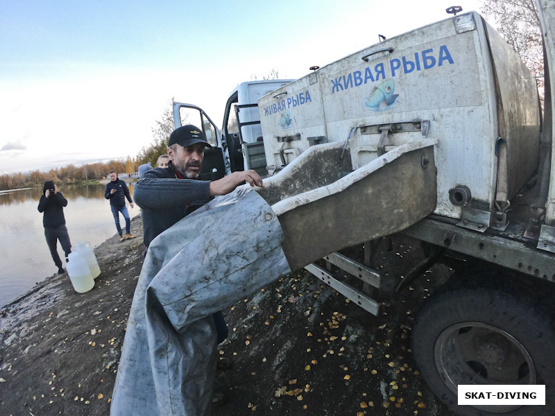 Рыба из бака стекает в воду по специальному рукаву, без лишних потрясений