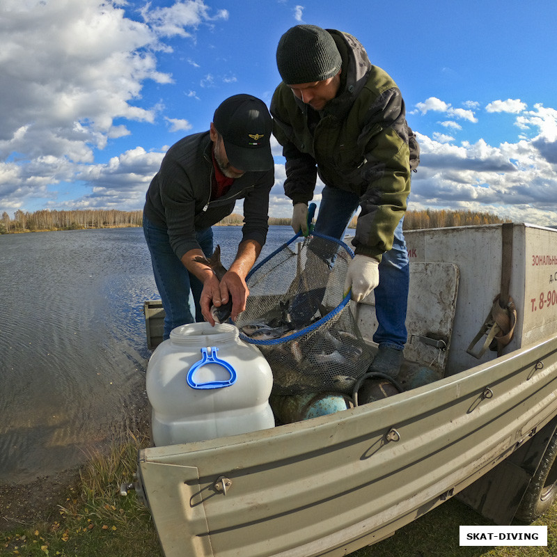 Откроем вам еще одну страшную тайну, вот этот белый бачок с водой доставил крохи рыбы на Толвинское озеро