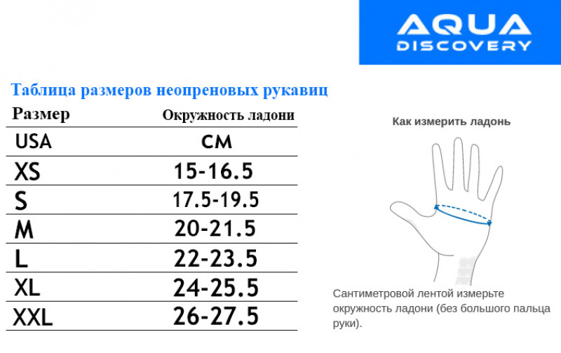 Размерная сетка неопреновых рукавиц «AQUADISCOVERY»