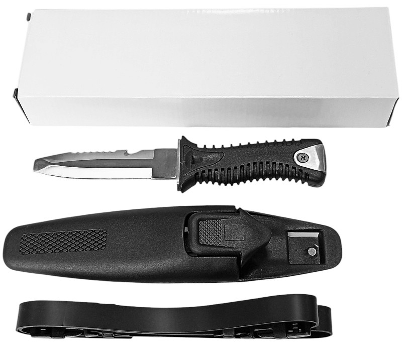 Продается в аккуратной картонной упаковке. В комплекте нож, ножны и пара резиновых ремешков для крепления на руку или ногу. Размер каждого ремешка - примерно 50х1.7х0.2см.