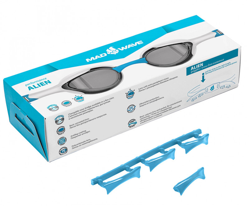 В комплекте фирменная коробка и 4 сменные носовые перемычки разного размера. Внимание! Очки поставляются в разобранном виде.