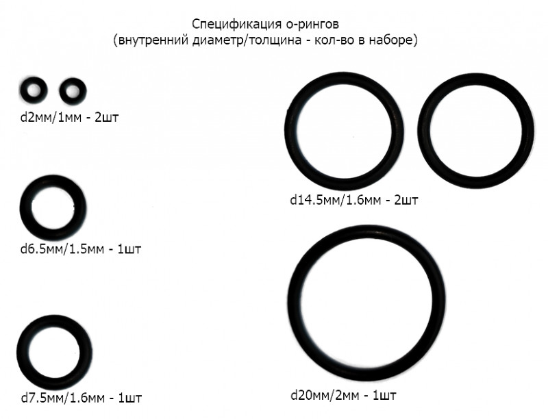 В набор входит 7 О-рингов различной толщины и диаметра.