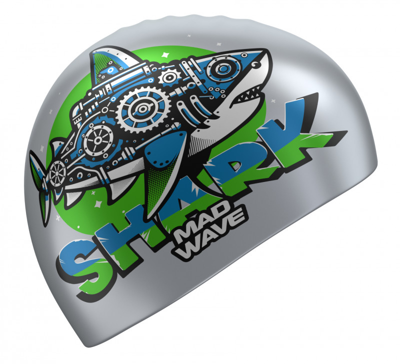 Серебристая шапочка с механической акулой станет прекрасным спутником юных пловцов-инженеров.