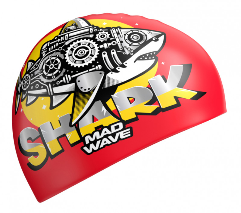 Красная шапочка с механической акулой станет прекрасным спутником юных пловцов-инженеров.