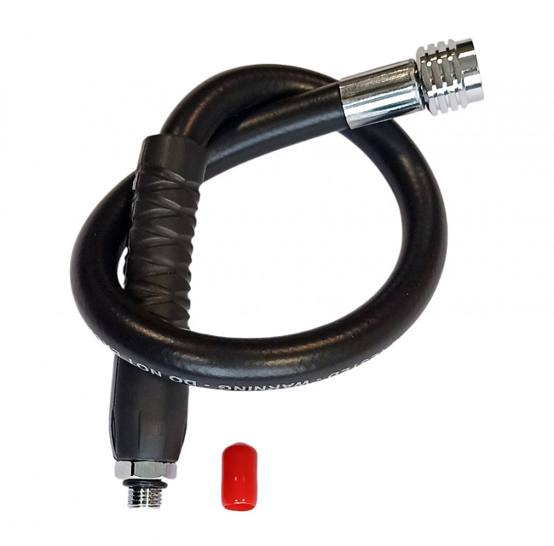 Качественный профессиональный резиновый шланг для подключения второй ступени регулятора к первой. Несмотря на заявленные 47см, длина после вкрутки в первую ступень - около 46.5см.