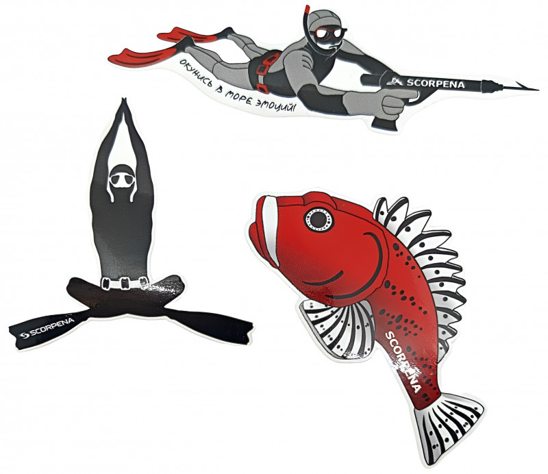 Добавьте индивидуальности вашему подводному снаряжению с эксклюзивным набором стикеров от бренда SCORPENA - признанного эксперта в производстве снаряжения для подводной охоты и фридайвинга!