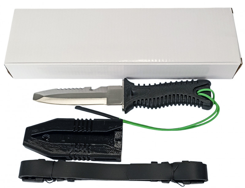 Продается в аккуратной картонной упаковке. В комплекте нож, ремешок (темляк) на руку, ножны и пара резиновых ремешков для крепления на руку или ногу. Размер каждого ремешка - примерно 50х1.7х0.2см.
