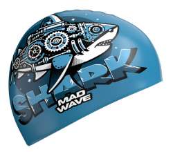 Синяя шапочка с механической акулой станет прекрасным спутником юных пловцов-инженеров.