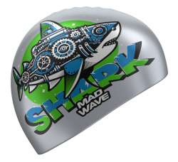 Серебристая шапочка с механической акулой станет прекрасным спутником юных пловцов-инженеров.